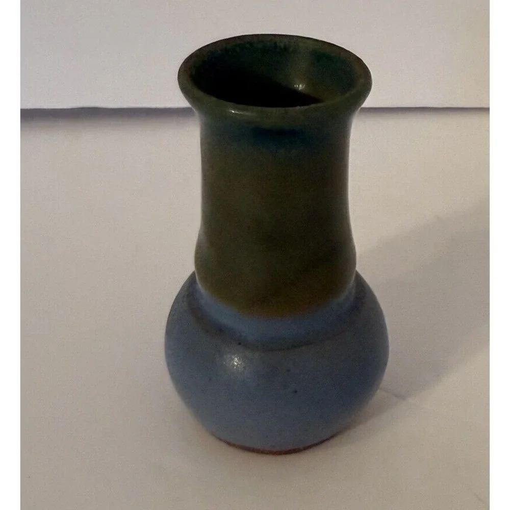 Small Studio Art Pottery Bud Vase Lot of 2 Blue Green & Brown-Signed-Approx.3